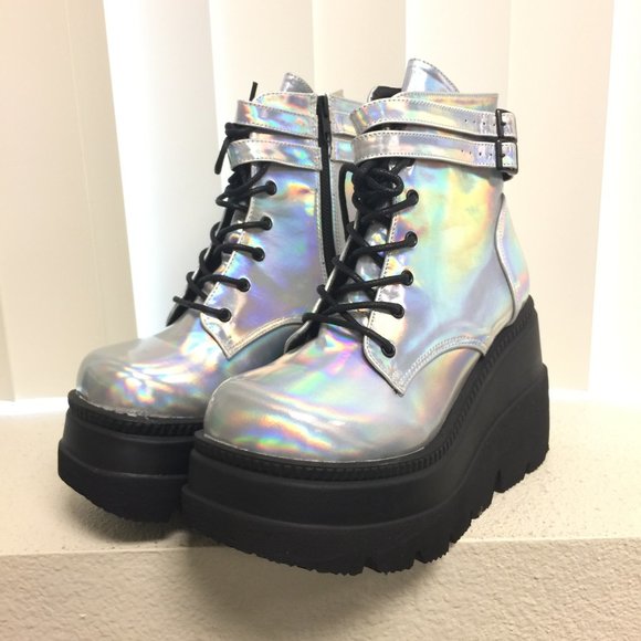 Demonia Silver Holographic Platform Boots - Picture 1 of 13